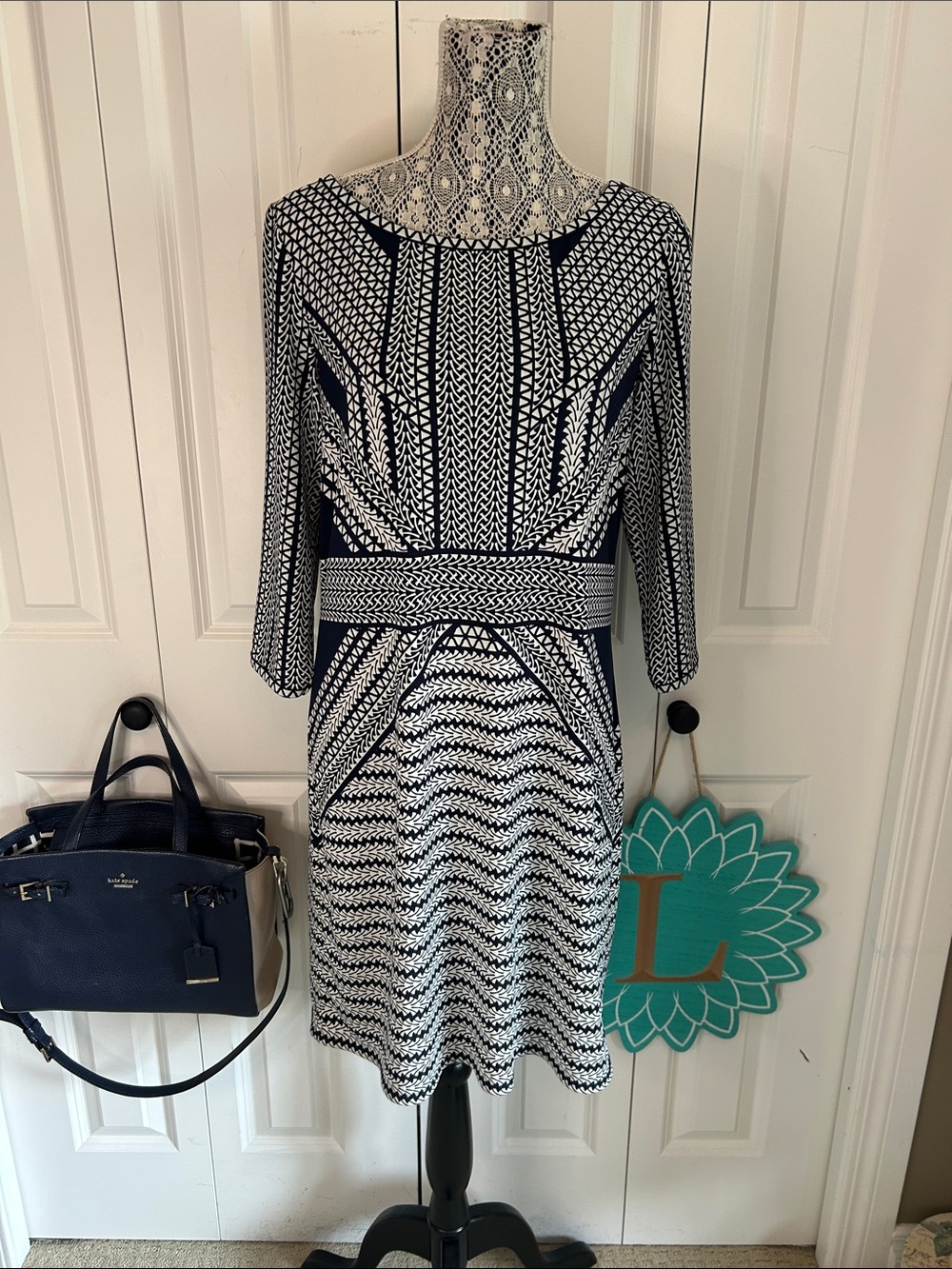 🖤 Max Studio Chic Navy and White Geometric Knit Dress Size M